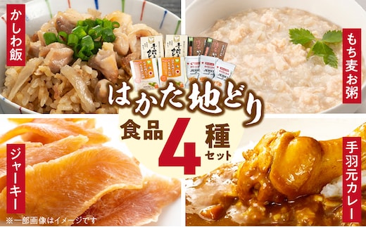 はかた地どりの4種セット（JERKY OF HAKATAJIDORI、はかた地どりともち麦のお粥、手羽元カレー、かしわ飯の素） _Cx244