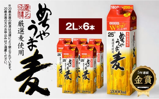 本格麦焼酎 めちゃうま麦25度2Lパック×6本セット_焼酎 麦焼酎 めちゃうま麦 25度 2L 6本 セット 鷹正宗 紙パック 本格焼酎 プリン体糖質ゼロ 口当たり優しく まろやかな旨み 麦の香ばしさ ソフトな飲み心地 お酒 アルコール 福岡県 久留米市 お取り寄せ 送料無料_El017