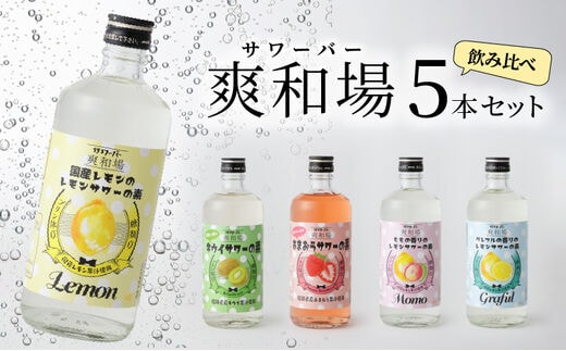 爽和場（サワーバー） 飲み比べ5本セット_爽和場 サワーバー 5種類 飲み比べ 500ml 5本 セット レモンサワーの素 割るだけ 糖類ゼロ プリン体ゼロ レモン グレープフルーツ もも キウイ あまおう レモンサワー サワー リキュール お酒 福岡 久留米 送料無料_Ew006