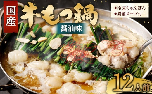 国産牛 もつ鍋 12人前 ちゃんぽん 濃縮スープ付 (醤油味) 冷凍 国産 もつ もつ鍋セット