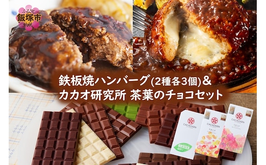 鉄板焼ハンバーグ(2種各3個)＆カカオ研究所 茶葉のチョコセット【B-205】