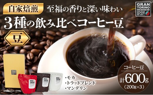 GRAN TORINO 200g×3種類 コーヒー 豆 モカ トラッドブレンド マンデリン 3種 飲み比べ セット 計600g 自家焙煎 珈琲豆 ドリンク 飲料 福岡県 福岡 九州 お取り寄せ