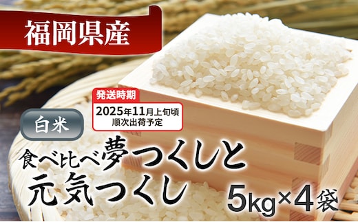 令和7年産 福岡県産米食べ比べ<白米>「夢つくし」と「元気つくし」セット 計20kg【11月上旬頃より順次出荷予定】