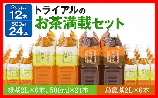 トライアルのお茶満載セット（緑茶2L×6本・烏龍茶2L×6本・緑茶500ml×24本）