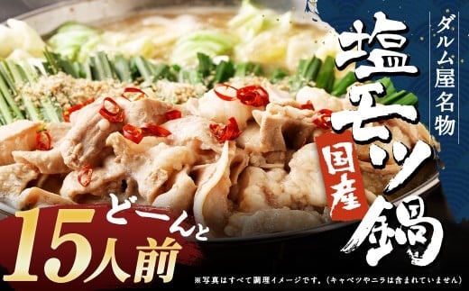 ダルム屋名物【国産】塩モツ鍋 15人前(3人前×5) 塩 牛 もつ モツ 鍋 ちゃんぽん 麺 セット 牛 小腸 国産 冷凍