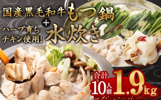 国産黒毛和牛もつ鍋 6人前 冷凍ちゃんぽん・濃縮スープ付+ハーブ育ちチキン使用!水炊き4人前 合計10人前