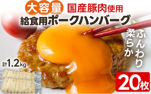 大容量 給食用ポークハンバーグ20枚 合計1.2kg ポークハンバーグ ハンバーグ 国産豚肉 柔らか 特定原材料 8品目 不使用 給食 おかず おやつ お弁当 福岡県 福岡 九州 グルメ お取り寄せ