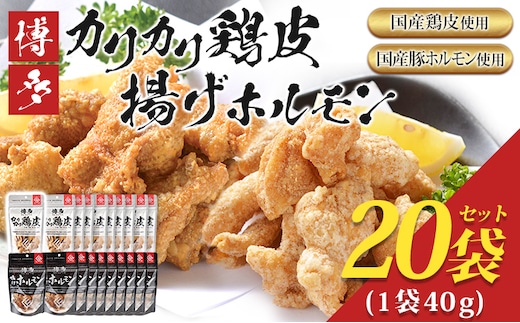 博多 カリカリ鶏皮 揚げホルモン 合計20袋 おつまみ 鶏皮 とりかわ とり皮 国産鶏 国産豚 唐揚げ ホルモン 福岡県 福岡 九州 グルメ お取り寄せ