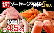 訳あり ソーセージ福袋 おかず 惣菜 ウインナー ソーセージ 5種セット 合計4.5kg 大容量 特盛 粗挽き 食べ比べ 冷凍 ストック おつまみ 博多の薫り やみつきJUMBO あらびき大将 バジル＆パセリポークウインナー ボロニア