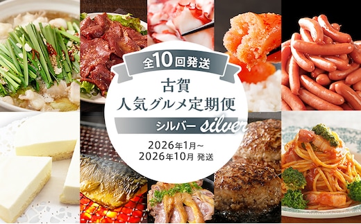 古賀人気グルメ定期便 シルバー【年10回発送】 (もつ鍋・ローストビーフ・真蛸・辛子明太子・ウインナー・レアチーズケーキ・焼き塩さば・国産親どり直火焼き・ハンバーグ・ピエトロパスタ) 定期発送 送料無料 【2026年1月～10月まで計10回お届け】