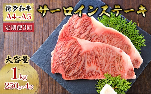 定期便 3ヶ月 牛肉 サーロイン ステーキ 合計1000g 博多和牛 A4～A5（250g×4枚）セット 3回 配送不可：離島 