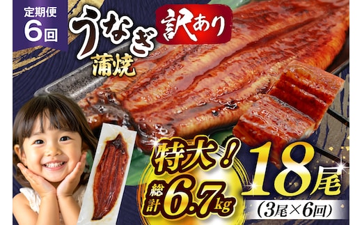 うなぎ 訳あり 鰻 蒲焼 特大 3尾 6回 定期便 総計約6.7kg 不揃い 規格外 小分け [大黒物産 福岡県 宇美町 um40bak830016] タレ 山椒付 茶葉蒸し ウナギ うなぎ蒲焼 鰻蒲焼き 蒲焼き かば焼き 真空パック 個包装 冷凍 unagi