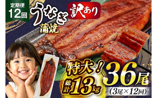 うなぎ 訳あり 鰻 蒲焼 特大 3尾 12回 定期便 総計約13kg 不揃い 規格外 小分け [大黒物産 福岡県 宇美町 um40bak830017] タレ 山椒付 茶葉蒸し ウナギ うなぎ蒲焼 鰻蒲焼き 蒲焼き かば焼き 真空パック 個包装 冷凍 unagi