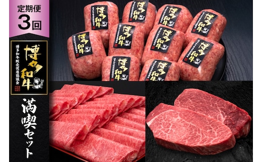 肉 博多和牛 満喫 セット 3回 定期便 牛肉 [久田精肉店 福岡県 宇美町 um40bsi440052] 牛肉 和牛 国産 うし お肉 ステーキ 焼肉 赤身 小分け スライス ヒレ ロース ハンバーグ ヒレステーキ 冷凍 おすすめ