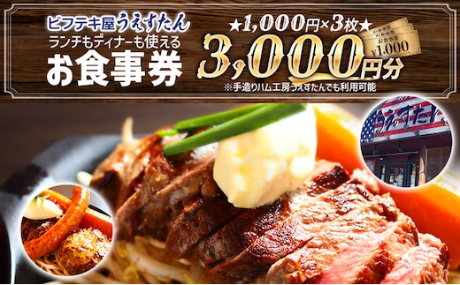 うえすたん ランチもディナーも使える お食事券 3000円分 （1000円×3枚） お食事券 納税 支援品 返礼品 支援 返礼 お礼の品 チケット 券 お食事券 食事券 ディナー 食事 レストランチケット 夕食 美味しい おいしい
