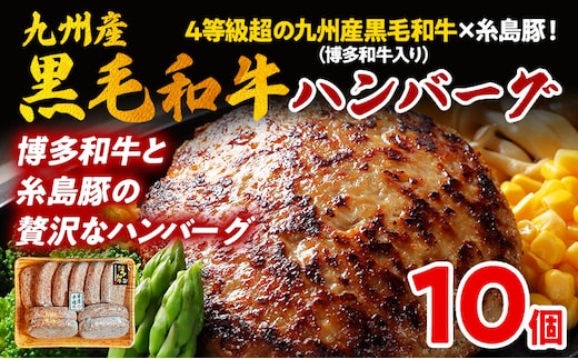 九州産黒毛和牛×糸島豚ハンバーグ 150g 博多和牛入り 4等級超 10個 ハンバーグ 和牛 牛肉 合挽 冷凍 焼くだけ簡単 独自スパイス 豚肉 惣菜 おかず お弁当 お取り寄せグルメ 国産牛 贅沢 旨味