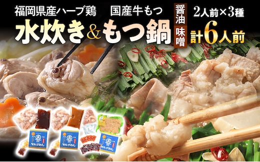 鶏水炊き&もつ鍋2種（醤油味・みそ味）満腹食べくらべ 各2人前 合計6人前 お取り寄せグルメ お取り寄せ 福岡 お土産 九州 福岡土産 取り寄せ グルメ 福岡県