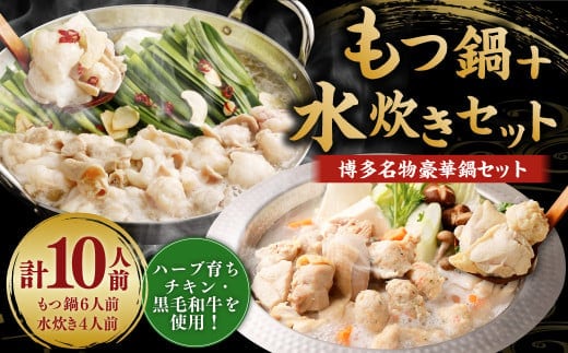 国産 黒毛和牛もつ鍋(醤油味) 6人前 冷凍ちゃんぽん・濃縮スープ付+ハーブ育ちチキン使用!水炊き4人前 合計10人前 もつ ホルモン 鍋 お鍋 セット 冷凍 岡垣町