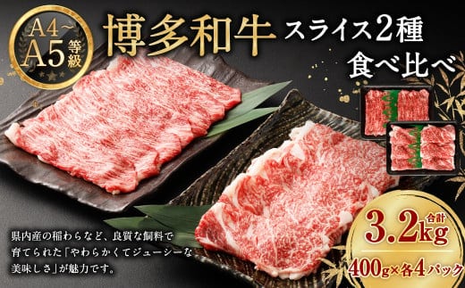 【A4・A5】 博多和牛 スライス 2種食べ比べ 肩ロース400g×4 & 赤身400g×4 合計3.2kg 牛 牛肉 肉 にく お肉 和牛 ロース肉 ロース 赤身肉 薄切り うす切り 食べくらべ セット 冷凍