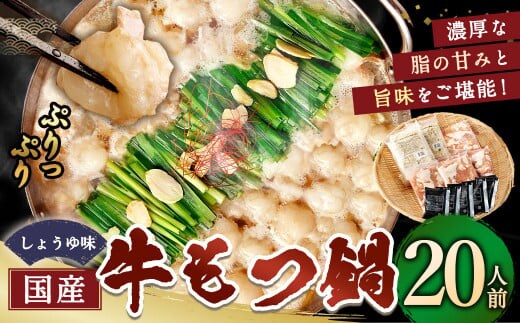 国産牛もつ鍋 20人前 ちゃんぽん 濃縮スープ付(醤油味) 黒毛和牛 国産牛 牛もつ ホルモン 冷凍 岡垣町