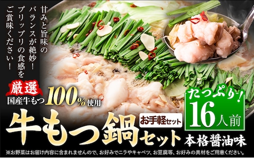 【お手軽セット】もつ鍋 もつ鍋セット 16人前 本格醤油味 国産牛小腸100％使用 送料無料《7-14日以内に出荷予定(土日祝除く)》 牛もつ 博多 国産 ヤマタカ醤油 牛 冷凍食品 冷凍 鍋 鍋セット---ktk_ktk_225_16p---