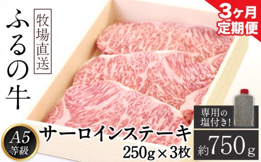 【3ヶ月定期便】ふるの牛（黒毛和牛）特選サーロインステーキ 750g(250g×3枚) ゲランド塩付き A5 有限会社ふるの《お申込み月の翌月から出荷開始》 福岡県 鞍手郡 鞍手町 3回お届け 計3回 定期便 2kg以上---skr_fhrnsttei_r7_150000_mo3num1---