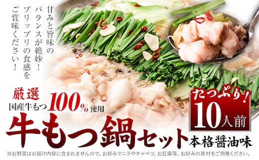 もつ鍋 福岡 もつ鍋 鍋 国産牛小腸100％使用 牛もつ鍋セット 10人前（2人前×5セット） 本格醤油味《30日以内に出荷予定(土日祝除く)》牛もつ ちゃんぽん麺 唐辛子 ニンニク セット 博多 国産 ヤマタカ醤油 鞍手町---kr_fkmtnb_30d_25_11500_10i---