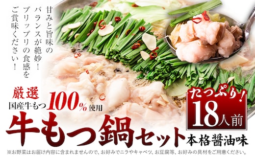 もつ鍋 福岡 もつ鍋 鍋 国産牛小腸100％使用 牛もつ鍋セット 18人前（2人前×9セット） 本格醤油味《30日以内に出荷予定(土日祝除く)》牛もつ ちゃんぽん麺 唐辛子 ニンニク セット 博多 国産 ヤマタカ醤油 鞍手町---kr_fkmtnb_30d_25_17500_18i---