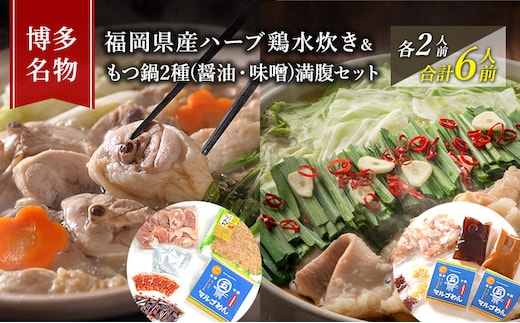 水炊き もつ鍋 ( 醤油 みそ 味2種 ) 食べ比べ セット 各2人前 合計6人前 博多名物 鶏水炊き&モツ鍋 満腹 鍋 牛肉 鶏肉 大刀洗 配送不可：離島