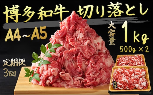 定期便 3ヶ月 牛肉 A4～A5 博多和牛 切り落とし 1000g (500g×2p) 黒毛和牛 肩ロース 赤身 バラ カルビ 小分け 大好評につき継続！3回 配送不可：離島