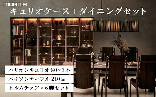 キュリオケース+ダイニングセット ハリオンキュリオ80×3本+バイソンテーブル210cm+トルムチェア×6脚セット【離島不可】AL643