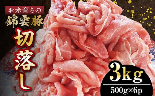 【ブランド豚肉】お米育ちの錦雲豚 切落し3㎏（500ｇ×6ｐ） FN1202