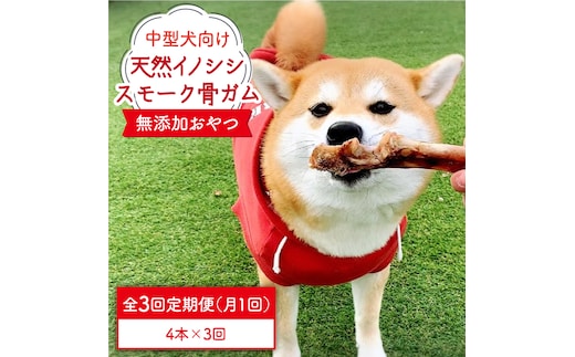 ＜3回定期便＞中型犬向け☆天然いのししのスモーク骨ガム4本 わんこin食堂/吉野ヶ里町 [FCG073]