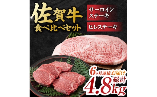 【6回定期便】艶さし！ 佐賀牛 ヒレステーキ＆サーロインステーキ 食べ比べ セット 計4.8kg （ヒレ150g・サーロイン250g×各2枚×6回） 吉野ヶ里町 [FDB037]