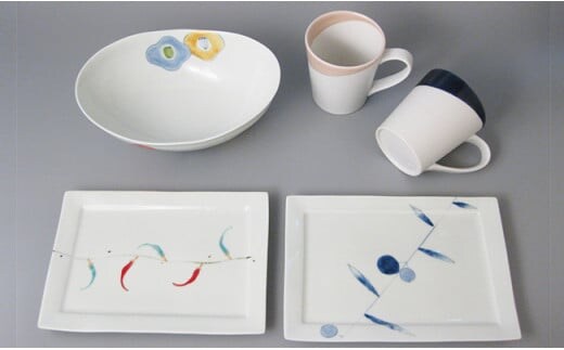 有田焼 食卓セットA（楕円ボウル1・マグ2・長角皿2）大慶 A50-128