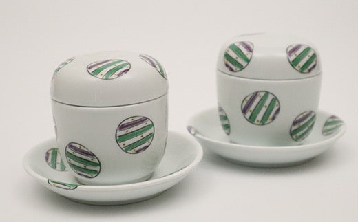 工房 賜光窯 有田焼 丸紋 台付ペア ナツメ蒸碗 A18-214