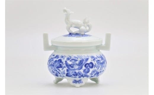 有田焼 禁裡御用（宮内庁）窯元 辻精磁社 染付葡萄唐草鳥獣紋 香炉（極真焼） A1850-2