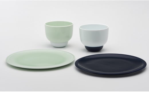2016/ PD Cup & Plate Set【2016/オリジナル】有田焼 食器 器 皿 中皿 食器セット 4点 プレート カップ フリーカップ セラドン ダークブルー シンプル A50-289