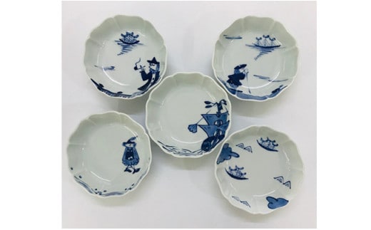 青花 船と異人シリーズ 絵変り八方割小鉢5個セット 小島芳栄堂 A50-202