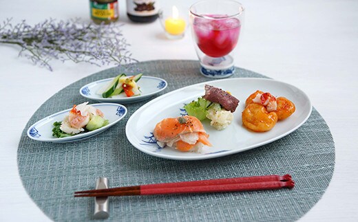 しん窯青花の可愛い24cm楕円プレート（1枚）楕円小皿（2枚）ダブルオールグラス(１個)の４点セット 小島芳栄堂 A55-71