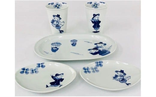 青花 幸せを運ぶクローバーと異人たちの5点セット 小島芳栄堂 A60-58