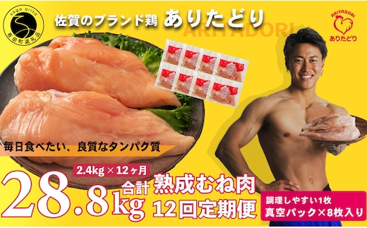 【12回定期便 総計28.8kg】 ありたどり 熟成むね肉 計2.4kg (300g×8パック) 12回 定期便 鶏肉 むね肉 ムネ肉 胸肉 小分け 真空パック N160-3