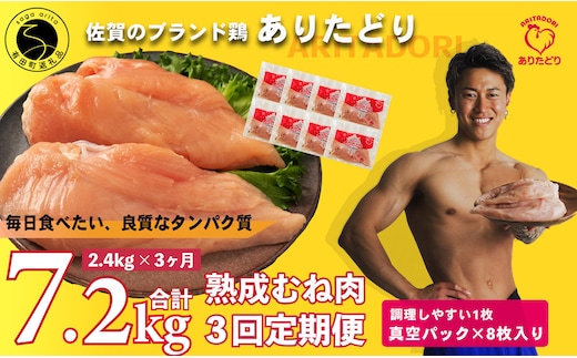 【3回定期便 総計7.2kg】 ありたどり 熟成むね肉 計2.4kg (300g×8パック) 3回 定期便 鶏肉 むね肉 ムネ肉 胸肉 小分け 真空パック N45-8