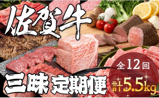 佐賀牛三昧定期便 毎月届く 全12回 計5.5kg 肉 定期便 佐賀牛 こだわり おすすめ ギフト 贈答 黒毛和牛 ランキング N350-1