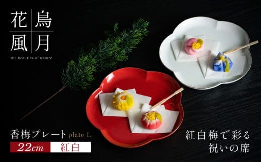 【紅白梅で彩る祝いの席】22cm 香梅プレート L 紅白 2枚セット【金照堂】有田焼 祝いの席 ハレの日 正月 大皿 プレート 食器セット 器 皿 A45-378
