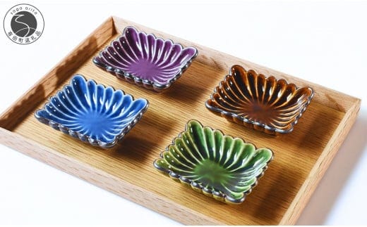 有田焼 菊形角小皿 4色セット（ルリ釉・飴釉・織部釉・紫釉）【福泉窯 x ARITAYAKI-STORE】食器 器 うつわ 皿 和食器 ギフト 手仕事 A24-108