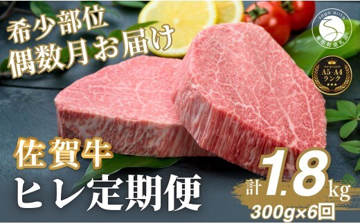 【全6回定期便！総計1.8kg】佐賀牛ヒレ定期便 300g 偶数月【有田まちづくり公社】佐賀牛 牛肉 黒毛和牛 厳選 希少部位 お肉 おにく フィレ ヒレステーキ 定期便 ギフト 贈り物 贈答 24万円 N240-6