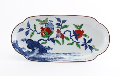 源右衛門窯 染錦柘榴絵 長皿 器 食器 盛皿 柘榴 有田焼 A95-48