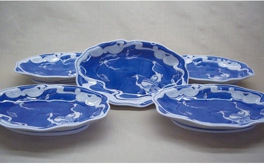 有田焼 禁裡御用（宮内庁）窯元 辻精磁社 染付外濃流水白鷺文形変皿（5枚組） A450-6