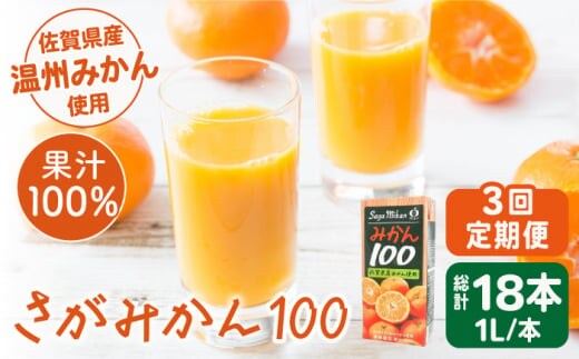 【佐賀県産温州みかん使用】【全3回定期便】さがみかん100 総計18本（1L×6本）【JAさが 杵島支所】果汁100% 濃縮還元 [HAM040]